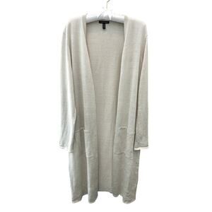 EILEEN FISHER Long Open Cardigan Organic Linen Blend Neutral Duster | Large